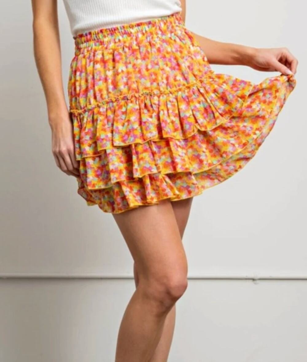 KORI Skirt Medium Colorful Tiered Mini Skirt Ruffle Dawn Flirty Skirt Lined